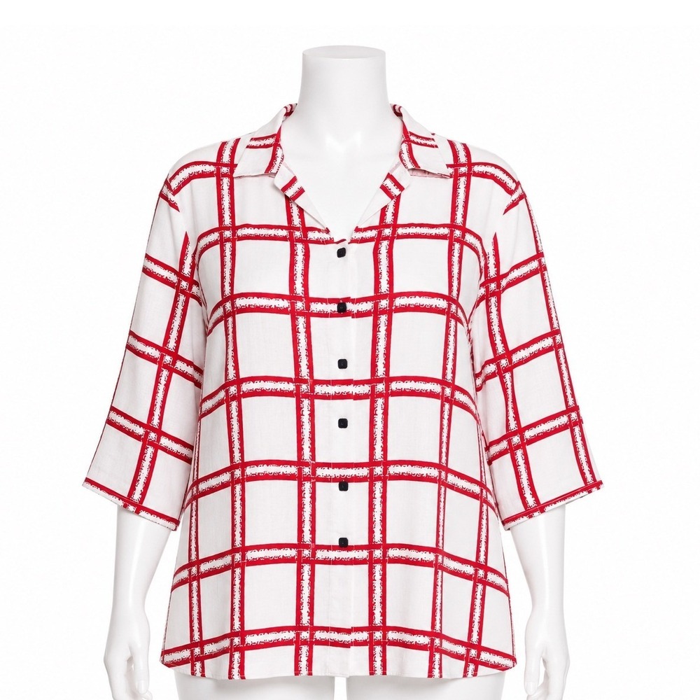 Ali Miles Red White Plaid Button Up Blouse Top Women's 2X Collared Shirt